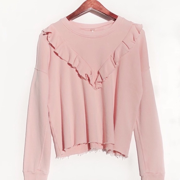 Free People Pink Cropped Ruffle Sweatshirt NWT - Picture 2 of 5